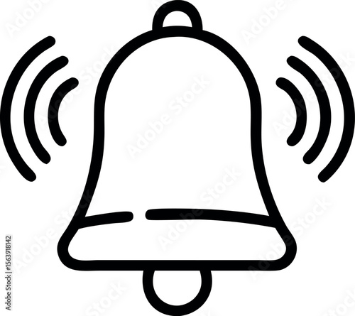 Bold Black Outline Bell Icon: Notification Alert Symbol, Simple Modern Design, Clean Minimalist Style, Digital Interface Element, Website App Vector Graphic.