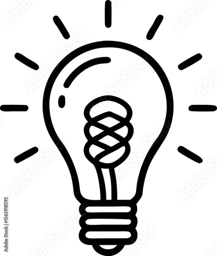 Bold Black Line Art Lightbulb Illustration:  Creative Idea, Inspiration, Innovation Concept;  Bright, Positive Energy;  Simple, Modern Design.