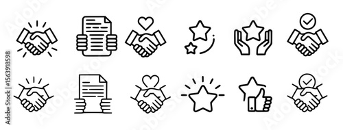 Handshake agreement star rating and document icons vector