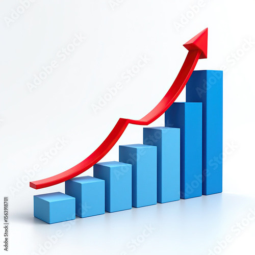 Free Download A Vibrant Blue Bar Graph with a Red Arrow Pointing Upward, Illustrating Business Growth, Financial Improvement, and Positive Trends on a Clean White Background, Showing Advancement - GFXLoad