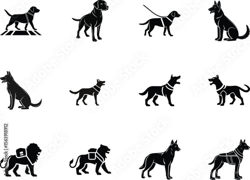 Black silhouette set presents dogs, lions wearing harness and armor on a transparent background