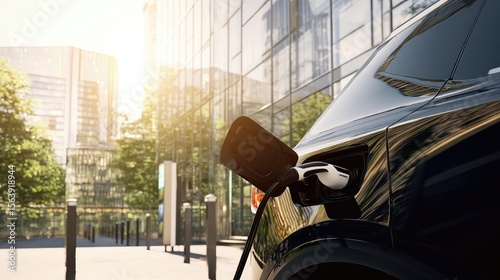 A brand-new electric vehicle is plugged into a charging station, surrounded by sleek buildings and green trees on a sunny day, illustrating the shift towards sustainable transportation