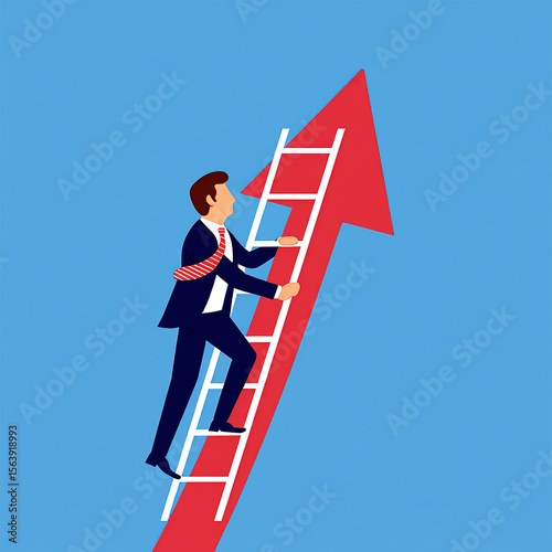 Climbing the Ladder of Success A Determined Businessman Ascends a Red Arrow Ladder Against a Clear Blue Sky Symbolizing Career Growth Ambition and Achievement