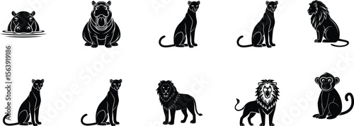 Multiple majestic black wild animal silhouettes showcase hippos, panthers, lions, and a monkey against white