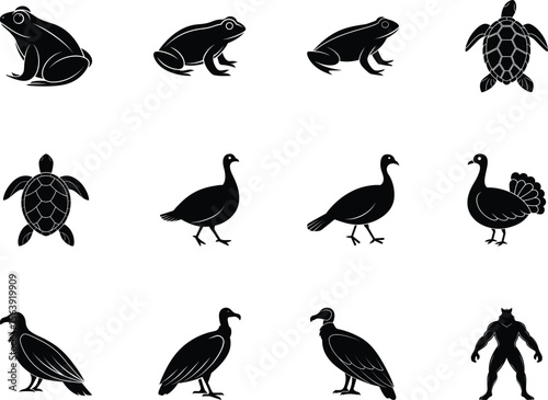 Twelve stark animal silhouettes feature frogs, turtles, turkeys, vultures, and a werewolf on white