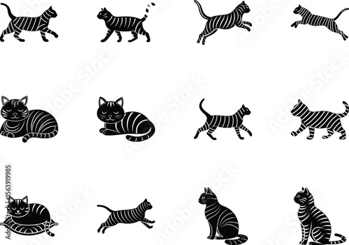 Isolated cats with stripes in different poses walking, lying and jumping on a transparent background