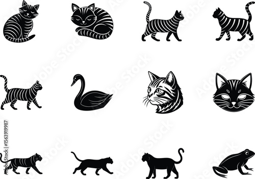 Black stylized animals including cats, tiger, swan and frog showcase minimal details over white