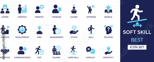 Soft skill icon set collection. Humor, creative, empathy, problem, leader, optimism, development, ethics, decision and best solid icon set.
