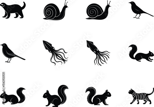Isolated black animal silhouettes like snails, squirrels, birds, a cat and a mink appear on white