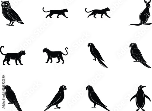 Isolated silhouettes showcase diverse wildlife, including owl, panthers, kangaroo, parrots, and penguin, against transparency