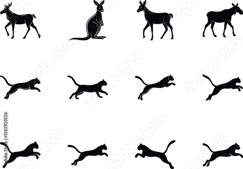 shows a set of black silhouettes of various wild animals isolated on a transparent background