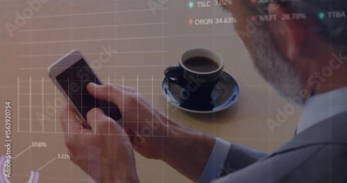 Businessman tapping smartphone, swiping finance gridlines evolving into line graph tracking stocks
