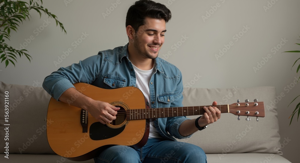 Obraz premium Young man playing acoustic guitar and smiling on a couch indoors 