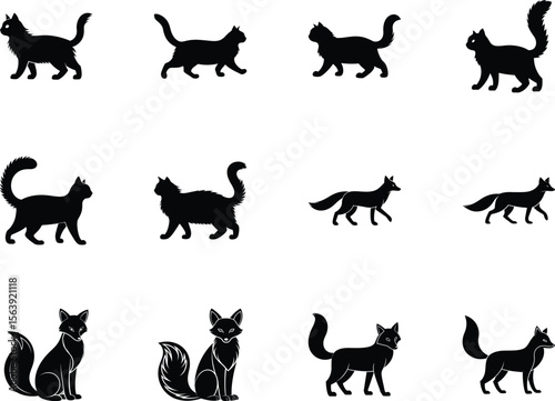 Twelve black silhouette animals featuring cats and foxes in various poses displayed on white background