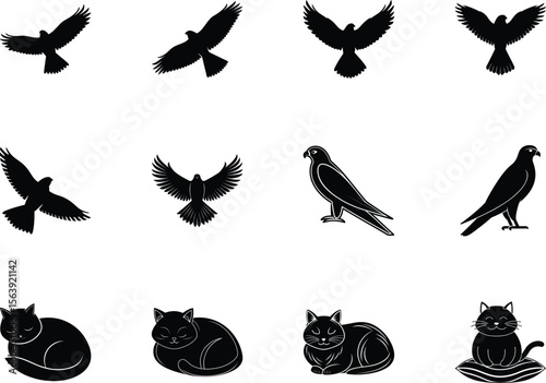 Silhouetted birds soar above adorable resting felines in this striking on a transparent background