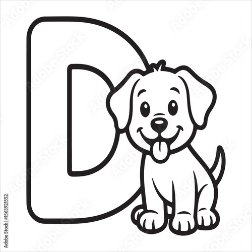 Cute cartoon puppy sitting next to a large letter d in black and white