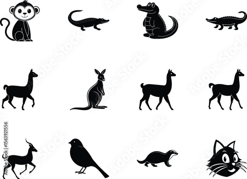 Twelve distinct animal silhouettes are showcased on a clean, crisp white background to demonstrate wildlife
