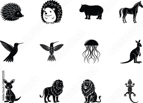 Twelve black wildlife animal icons including hedgehog, horse, kangaroo, lion, hummingbird and jellyfish on white