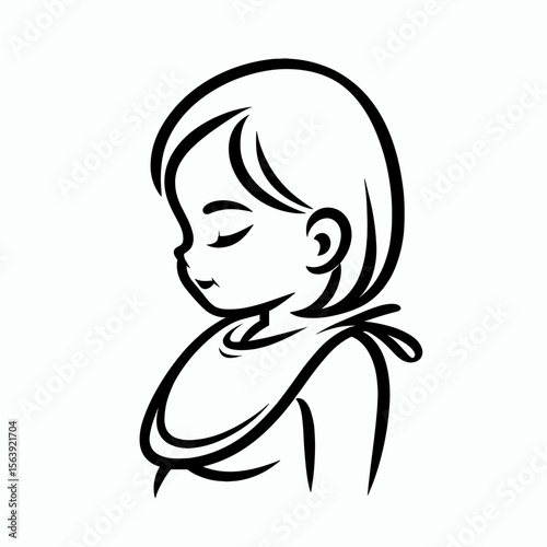Child with closed eyes wearing a bib in a simple outline illustration  