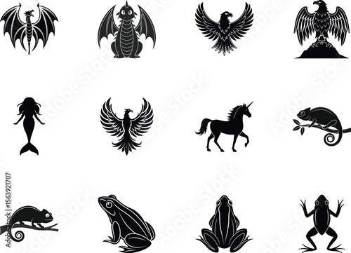 Black silhouette showcases majestic creatures like a dragon, phoenix, unicorn, eagles, mermaid, chameleons and frogs on white
