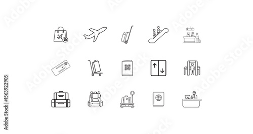 Airport travel icons featuring luggage and transportation airplane