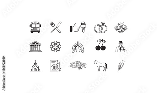 Collection of diverse icons including transportation education science and nature fork knife