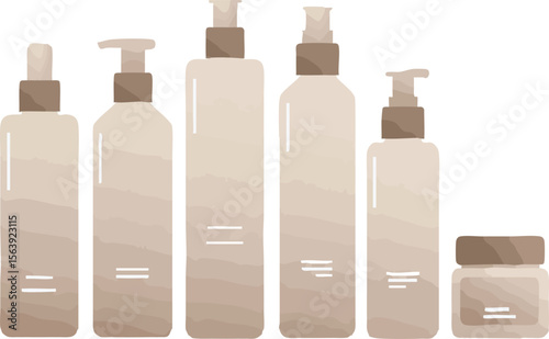 Collection of elegant minimalist skincare bottles and jars with pump dispensers on a white background