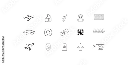 Travel icons depicting airplanes luggage passport and seating suitcase backpack