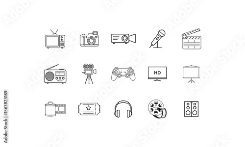 Vintage television camera projector microphone clapperboard radio controller screen vector