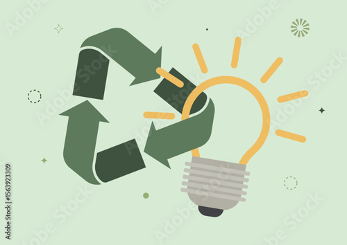Recycling Symbol With Light Bulb Sustainable Innovation. Eco-friendly innovation, sustainable ideas, and circular economy principles. Renewable energy concept. Energy savings. Vector illustration