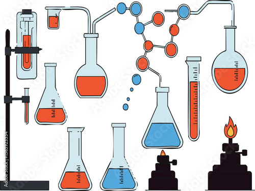 Illustration of various laboratory equipment and chemical reactions in a science experiment setting