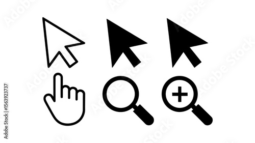 Cursor and Pointer Outline and Solid Vector Icons Set - Click Zoom Search