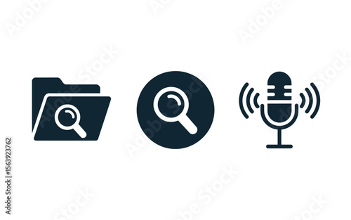 Search Folder Magnifying Glass and Voice Search Solid Icons Set