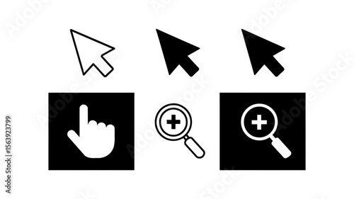 Cursor and Pointer Outline and Solid Vector Icons Set - Click Zoom Search