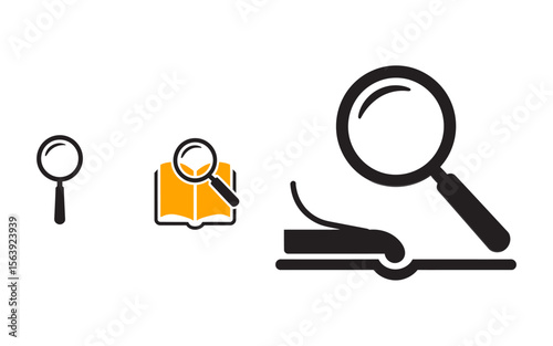 Magnifying Glass and Open Book Outline and Solid Icons - Research Study Symbol