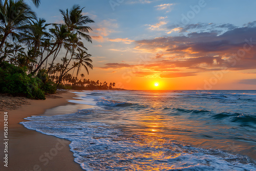 Tropical beach sunset with palm trees and ocean waves image