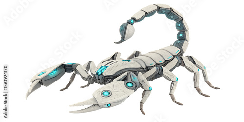 A menacing white robotic scorpion with glowing blue lights is isolated on transparent background