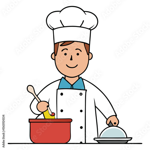 A cheerful chef cook in a white hat and apron cooking delicious meals with fresh ingredients in a hot pan, steam rising as flavors blend in the kitchen.
