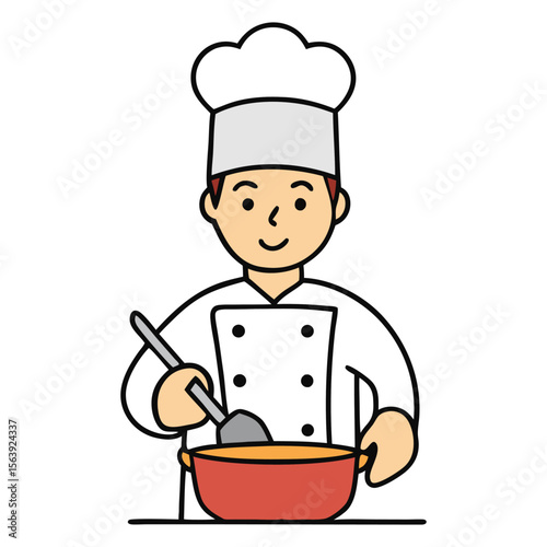A cheerful chef cook in a white hat and apron cooking delicious meals with fresh ingredients in a hot pan, steam rising as flavors blend in the kitchen.
