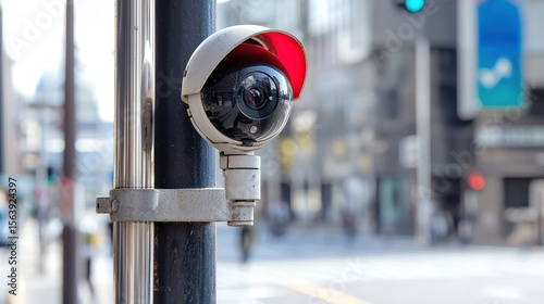 Wallpaper Mural Surveillance camera monitoring urban area with red cover, capturing activity on street Torontodigital.ca