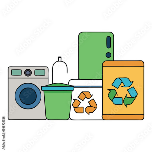 Home appliances with a green recycling symbol, promoting eco-friendly disposal and reuse. Perfect for sustainability, waste reduction, and environmental awareness.
