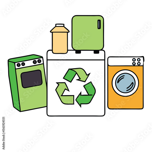 Home appliances with a green recycling symbol, promoting eco-friendly disposal and reuse. Perfect for sustainability, waste reduction, and environmental awareness.
