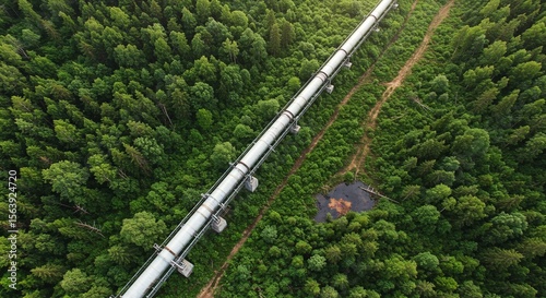 Oil pipeline cutting through lush forest, environmental impact theme