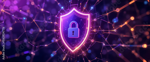 Abstract 3d cyber security shimmering protection shield on the middle of the connected protection glowing network with negative space on the right transparent glasd, dark purple gradient theme, glowin