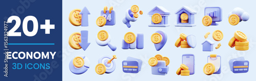 Set of 3D economy icons including arrows, calendar, bank, wallet, charts, megaphone, target, coins, smartphone, credit card, cloud. Glossy, trendy vector illustrations for finance.
