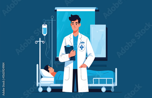 Doctor Examining Patient in Hospital Room Vector Illustration