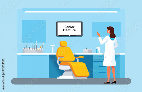 Senior Denture Care A Dentist's Office Vector Illustration