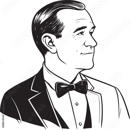 Man in Bow Tie, Gentleman Vector Illustration, Sketch Drawing Line Linear Symbol Icon Engraving Coloring Book, Hand-drawn Black and White Isolated