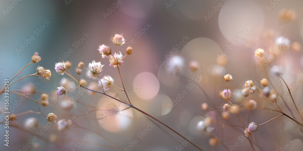Fototapeta premium Minimal close-up image of dried wildflowers with glowing bokeh in soft focus perfect for backgrounds product display and modern branding