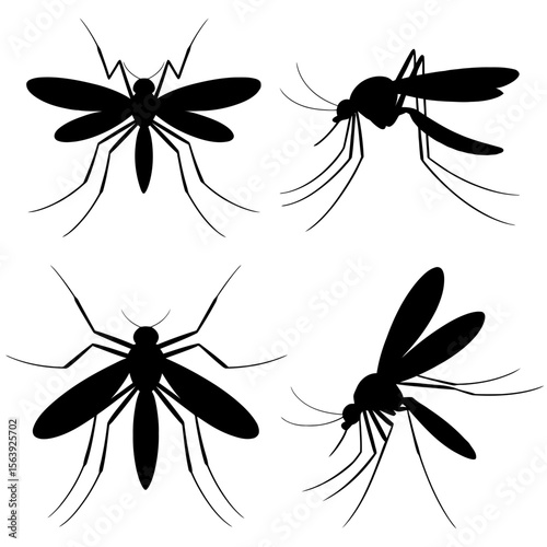 Four mosquito silhouettes in various orientations